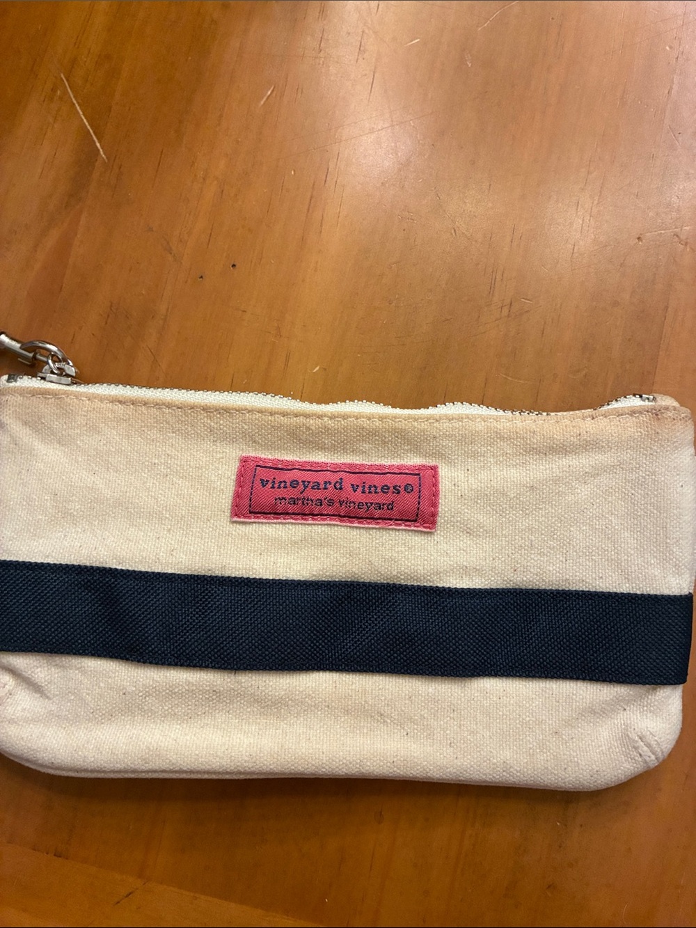 Vineyard Vines Cream Canvas Pouch with Navy Stripe and Pink Logo Patch